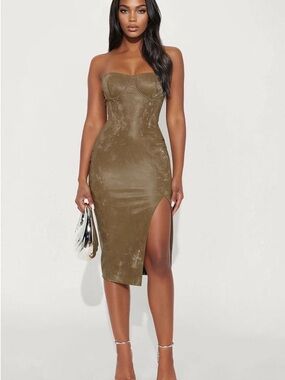 Fashion Nova Olive Strapless Midi Dress with Thigh Slit